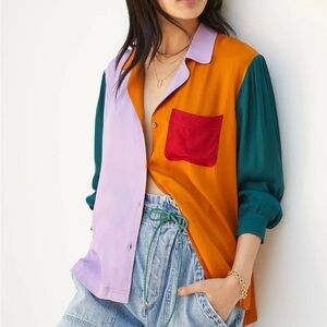 NEW FARM Rio for Anthropologie Puffed-Sleeve Colorblock Button Down Shirt